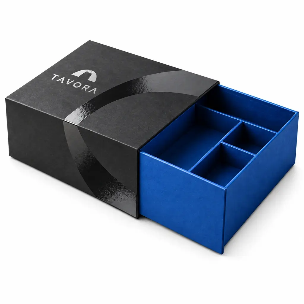 charcoal and electric blue open-ended rigid slipcase and tray with TAVORA logo printing on a white background