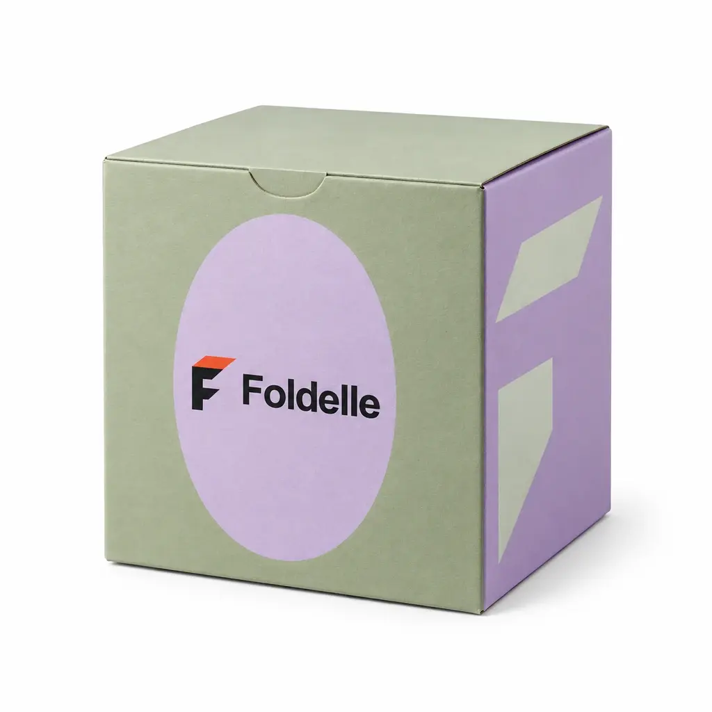 sage and lilac cube snap-lock bottom folding carton with Foldelle logo printing on a white background