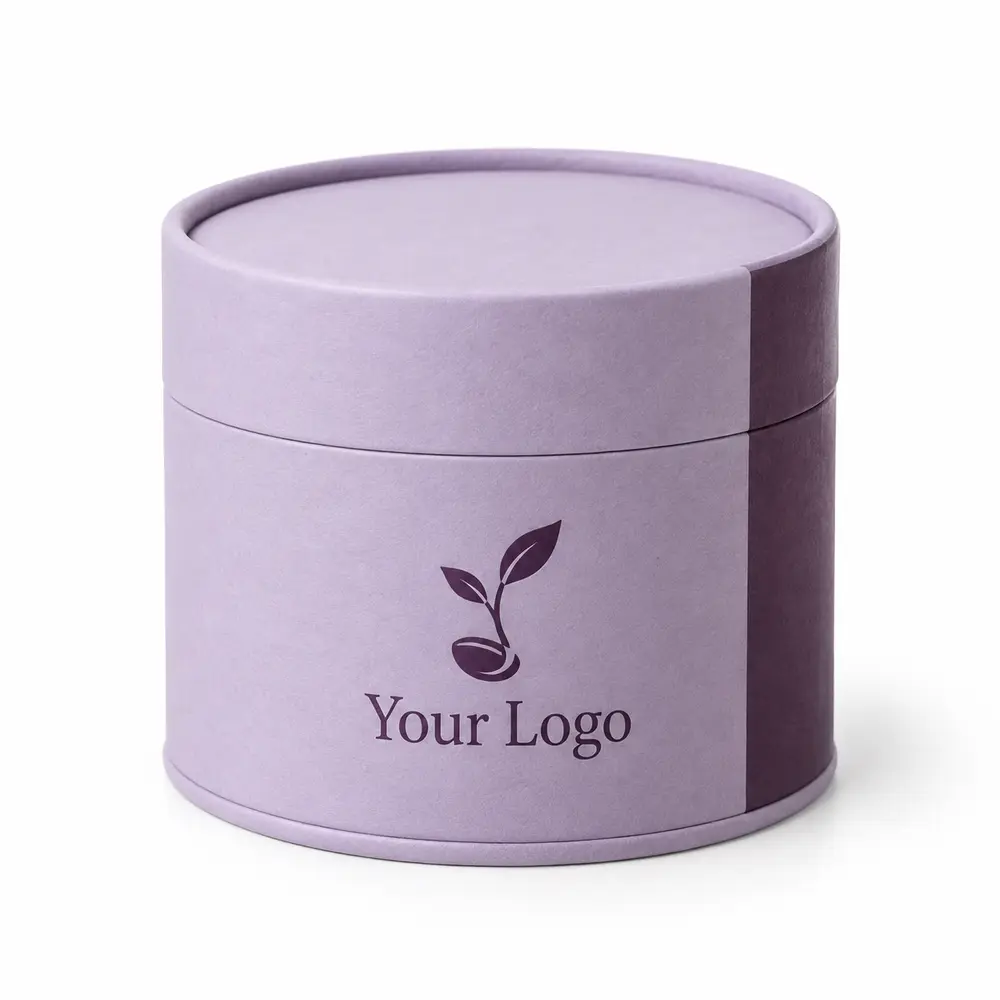 powder lilac with aubergine accents rolled-edge gift tubes with Your Logo logo printing on a white background
