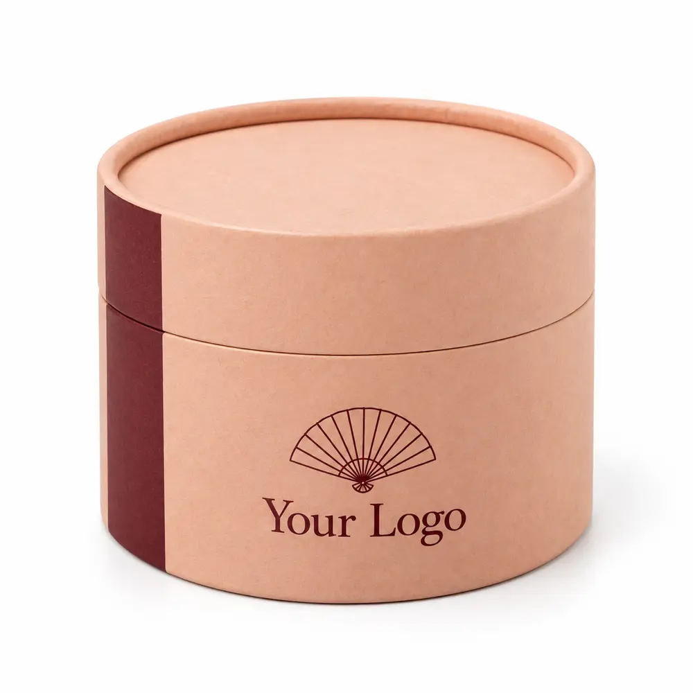peach with burgundy accents two-piece paper tubes with Your Logo logo printing on a white background