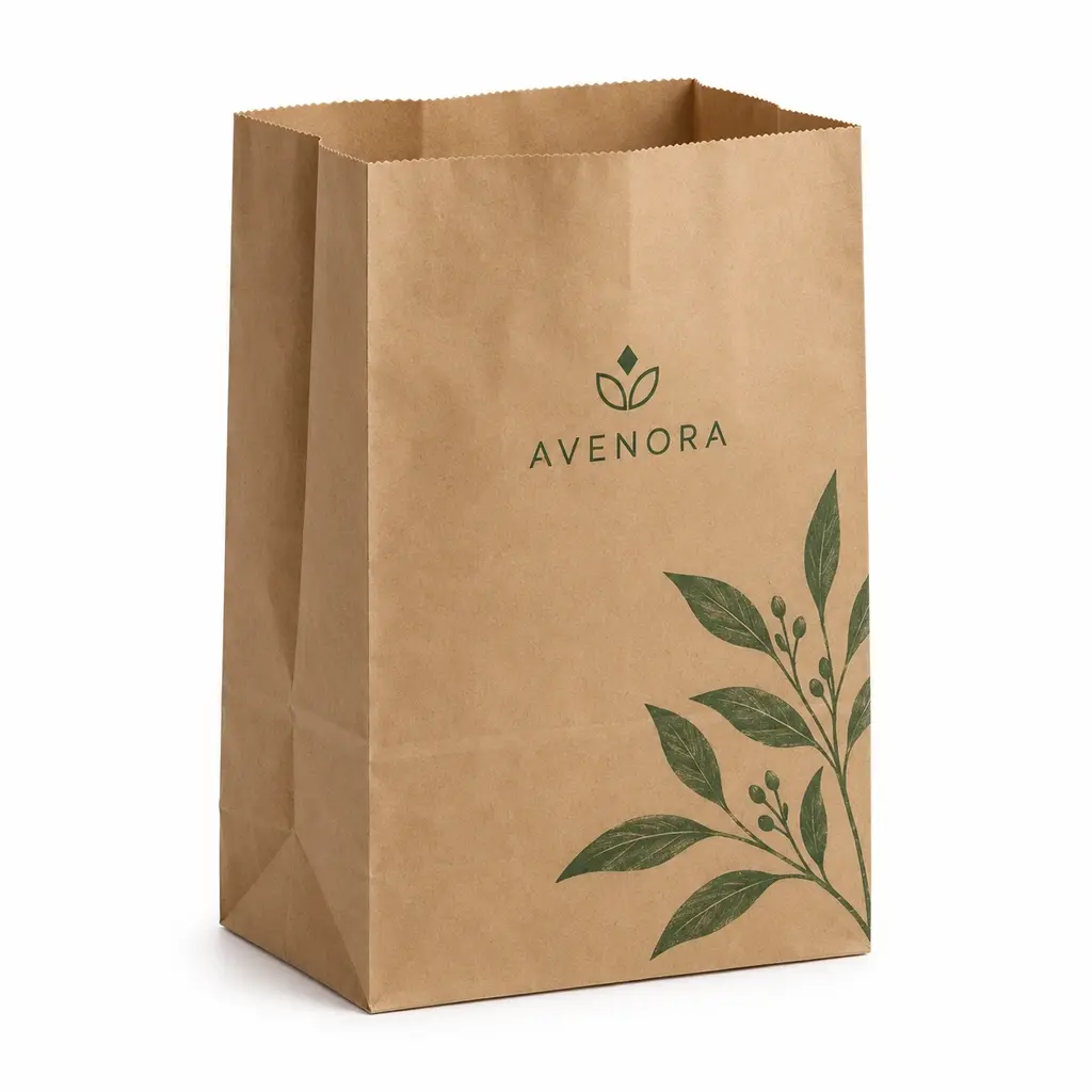 natural kraft and green handle-free self-opening square-bottom bag with AVENORA logo printing on a white background
