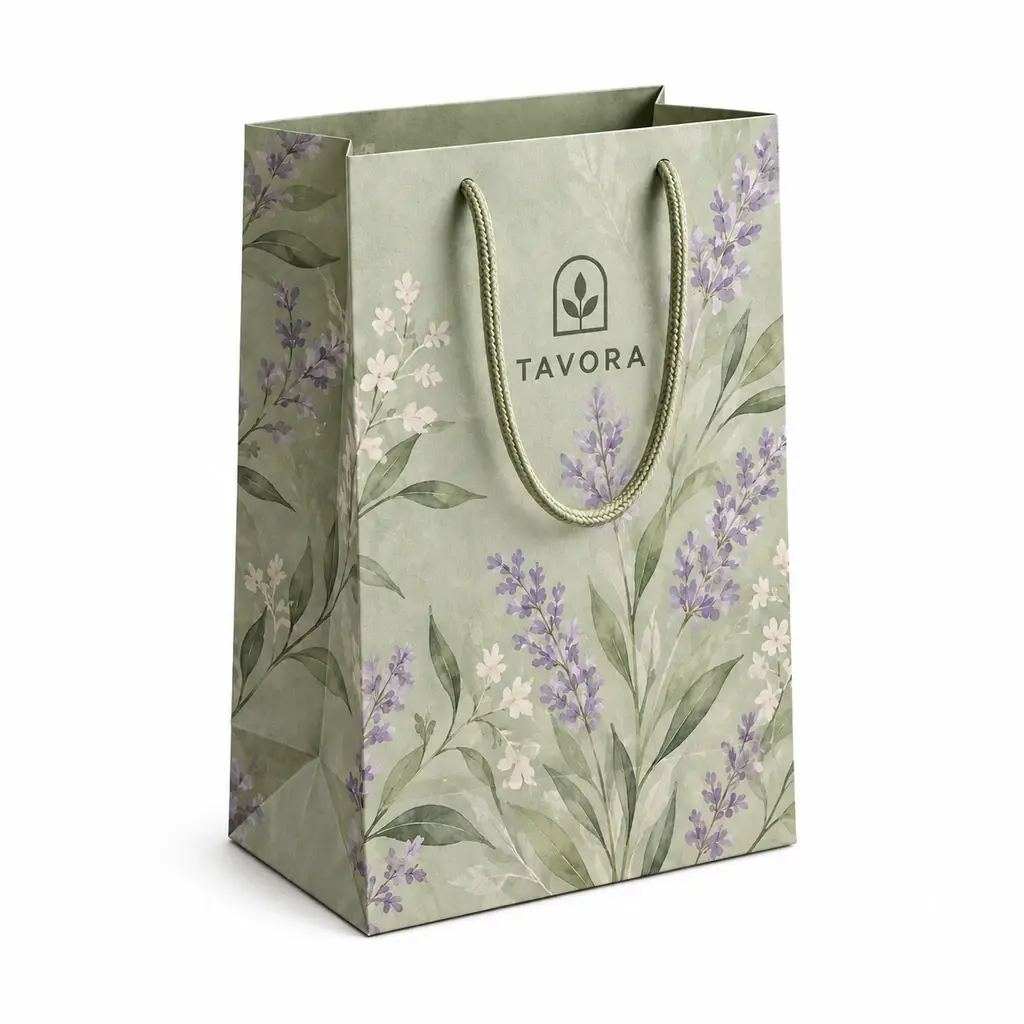 sage and lavender tall square-base paper bag with TAVORA logo printing on a white background