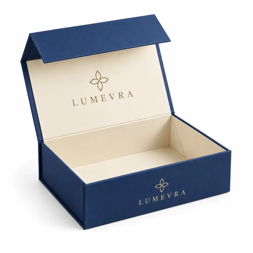 cobalt blue and cream square fold-flat magnetic box with LUMEVRA logo printing on a white background