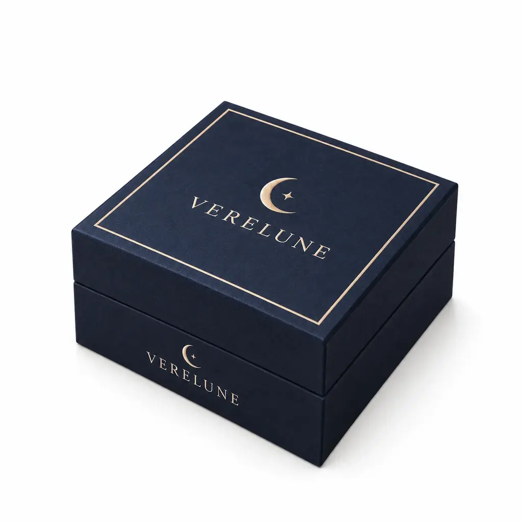 midnight blue and champagne compact square lift-off lid box with VERELUNE logo printing on a white background