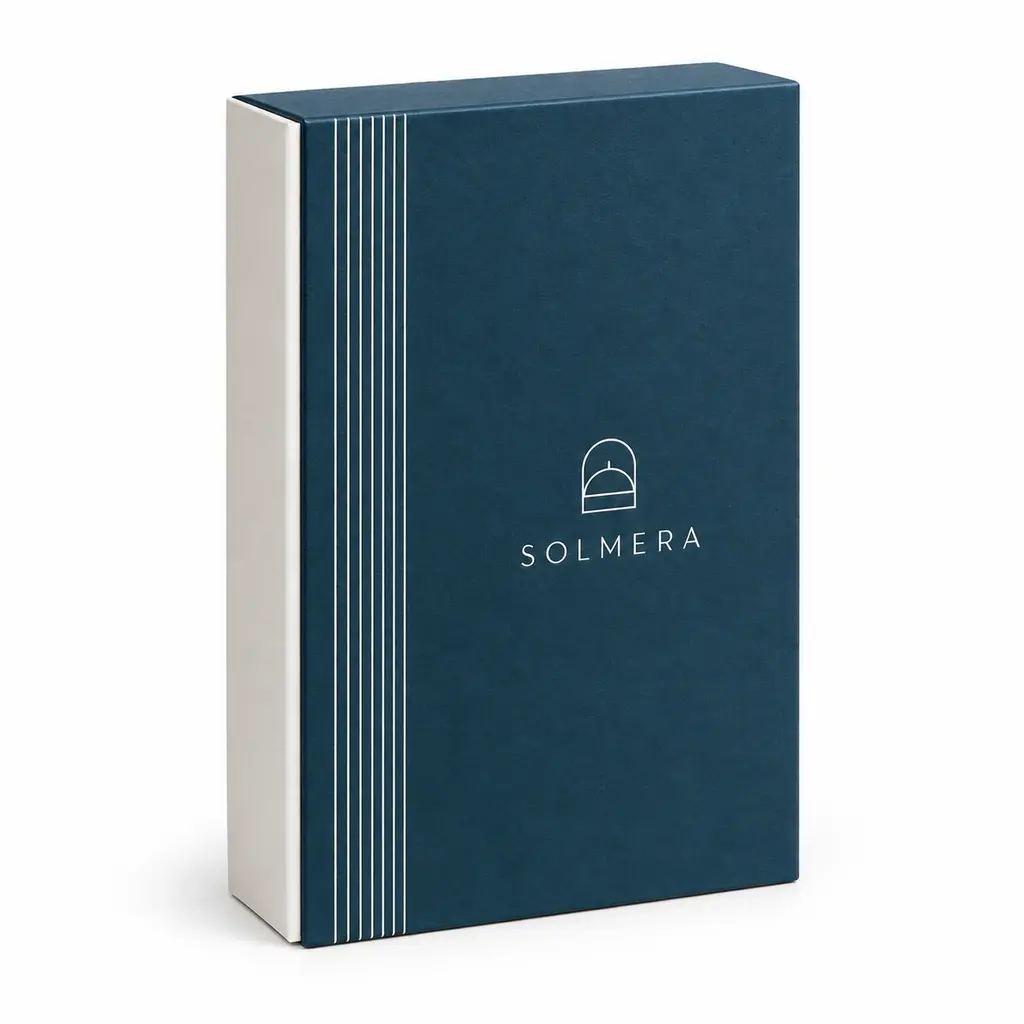 petrol blue and white narrow magnetic sample library box with SOLMERA logo printing on a white background