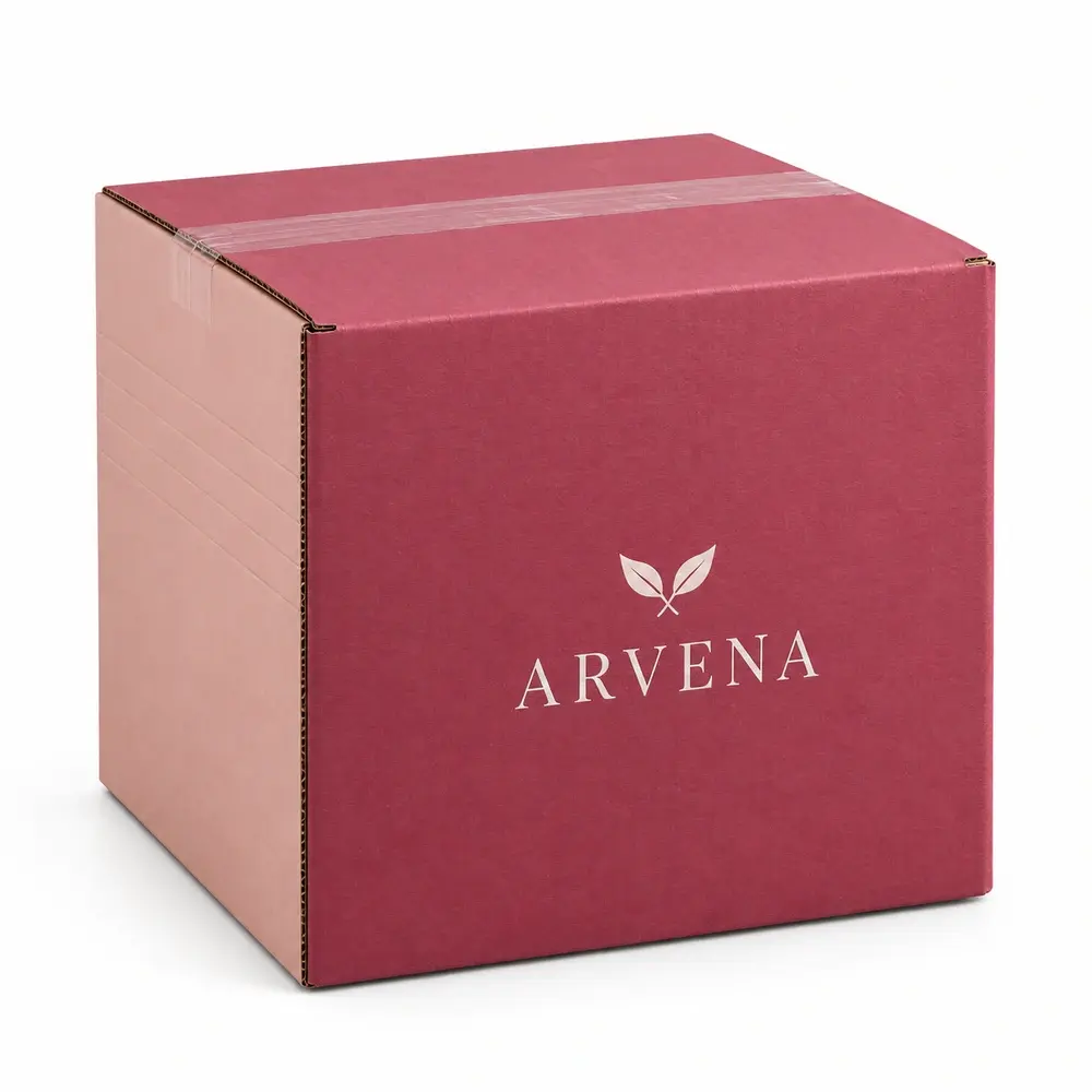 raspberry with blush accents adjustable-depth shippers with ARVENA logo printing on a white background