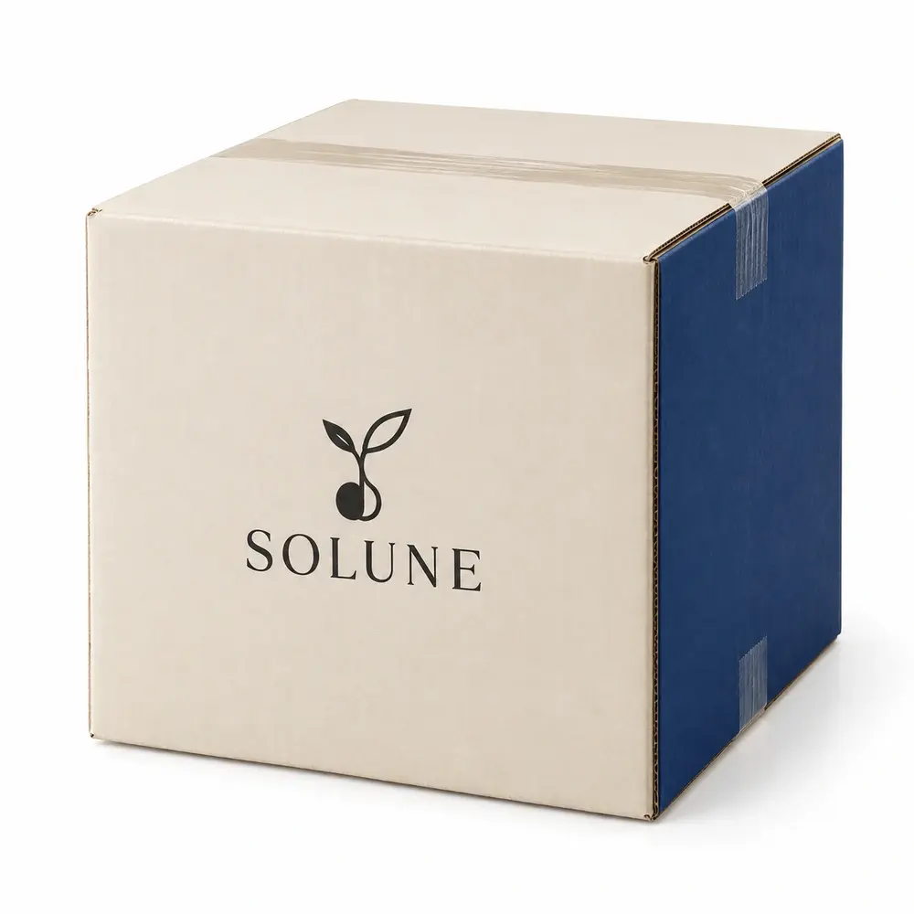 cream with royal blue accents divided transit cartons with SOLUNE logo printing on a white background