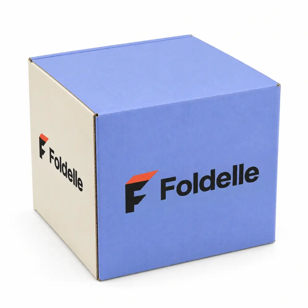 periwinkle with ivory accents full-overlap shippers with Foldelle logo printing on a white background