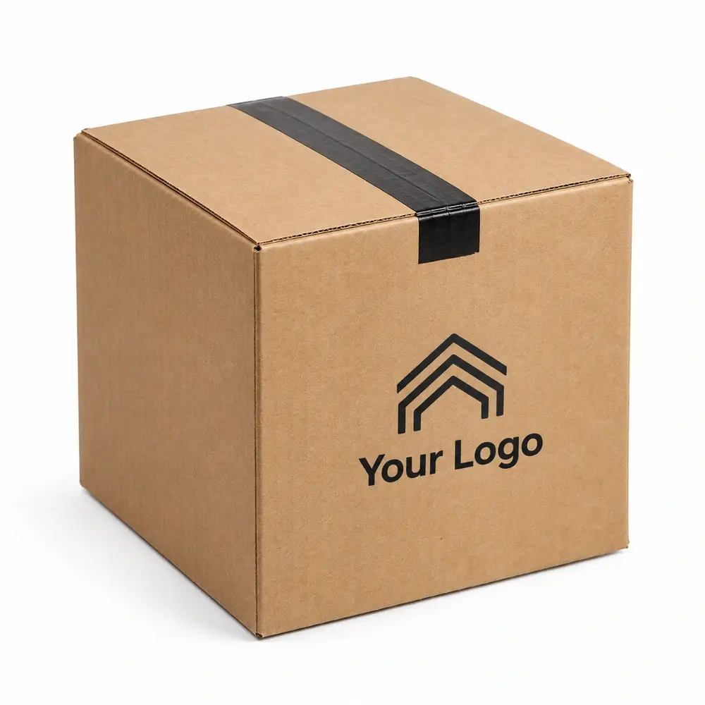 warm kraft brown with black accents regular slotted shippers with Your Logo logo printing on a white background