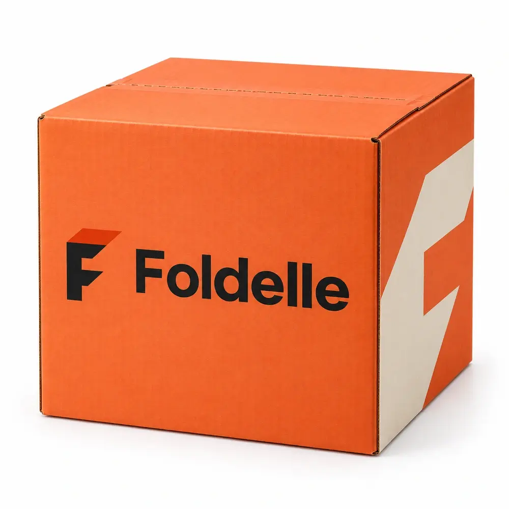 tangerine with cream accents return shipping cartons with Foldelle logo printing on a white background
