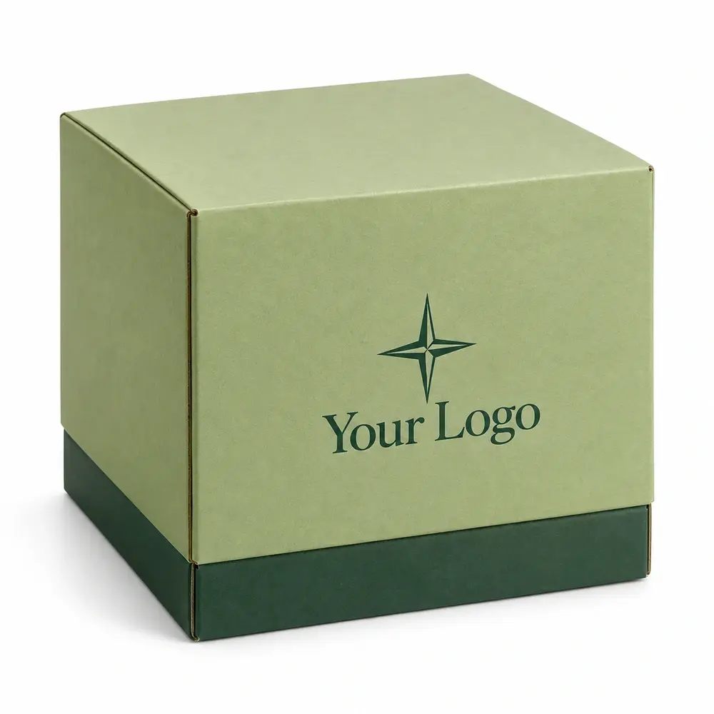 pistachio with forest green accents telescoping shipping boxes with Your Logo logo printing on a white background