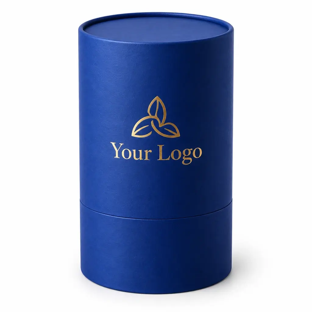 cobalt blue telescopic tube with Your Logo logo printing on a white background