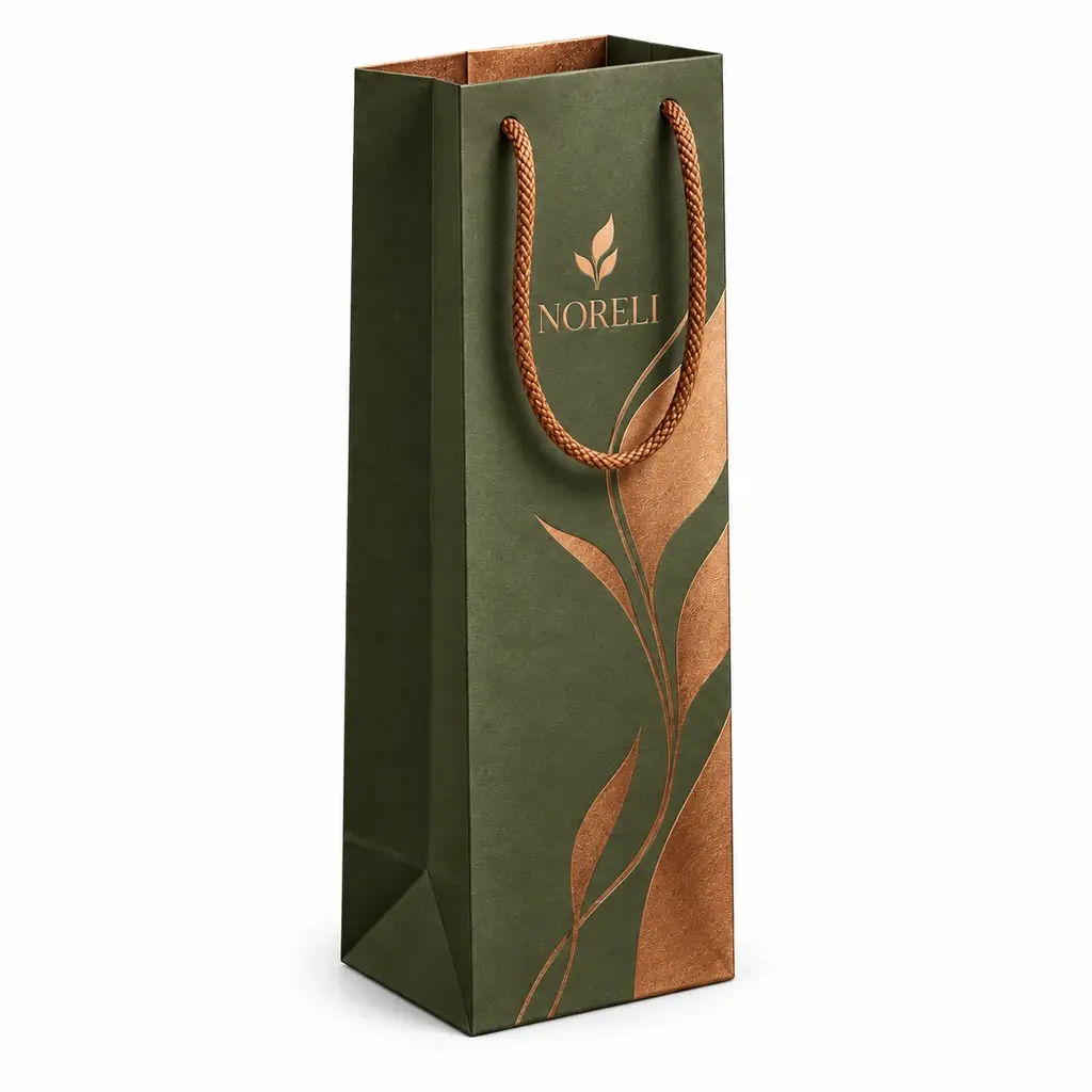 olive and copper narrow tall bottle bag with NORELI logo printing on a white background