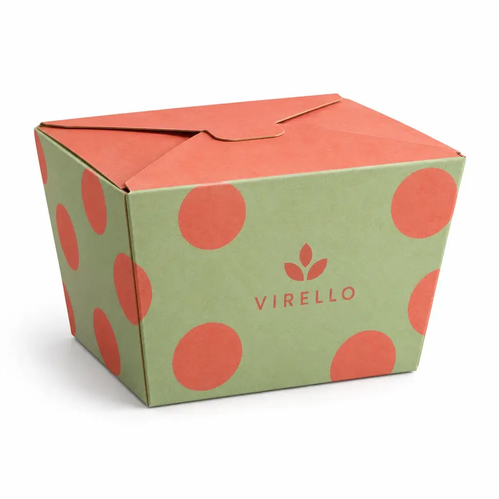 pistachio and coral tapered folding carton with locking top with VIRELLO logo printing on a white background