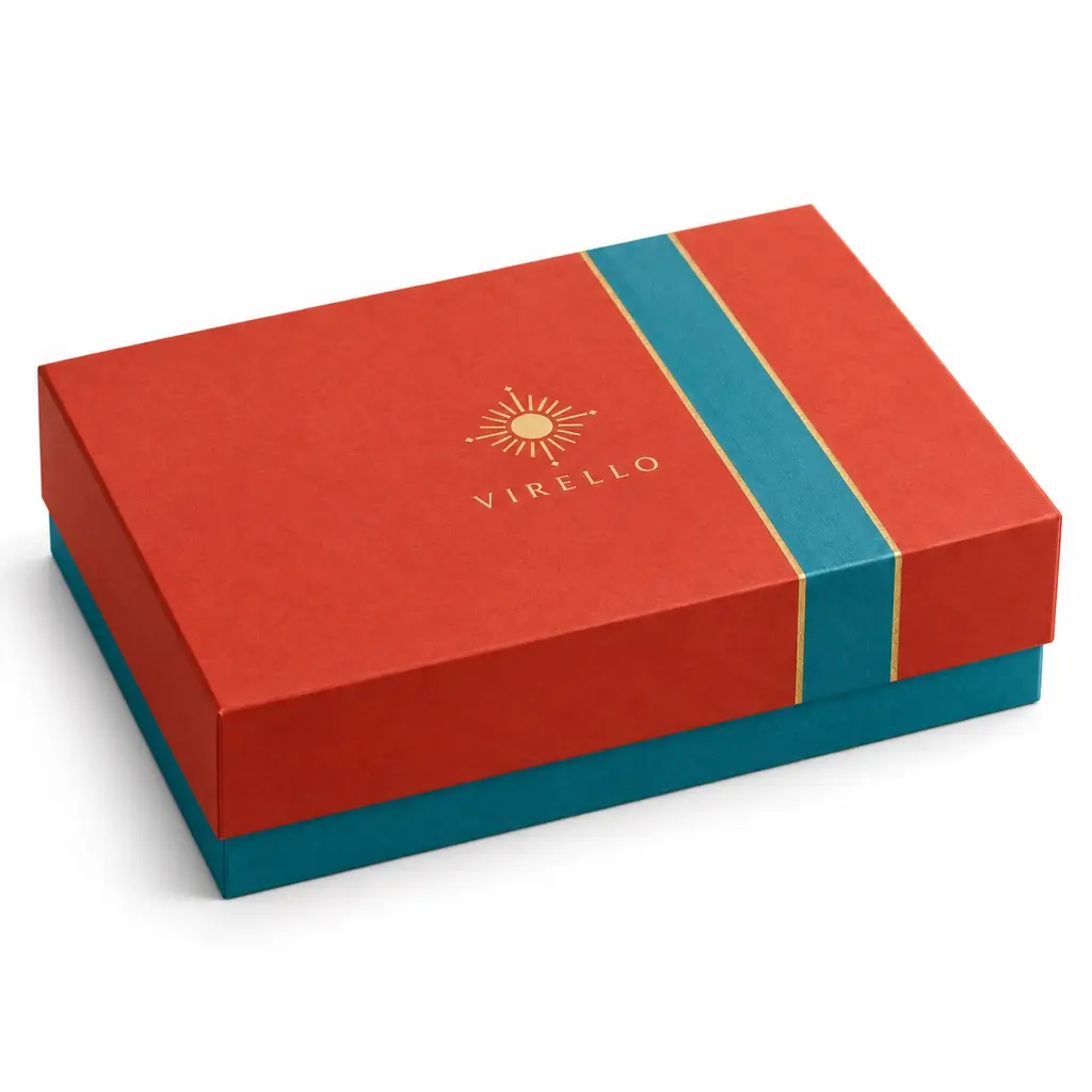 vermilion and turquoise rectangular lid-and-base tea presentation box with VIRELLO logo printing on a white background