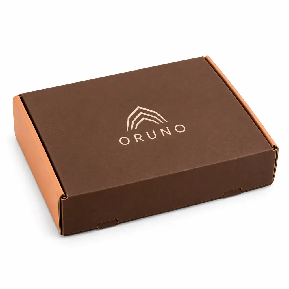 chocolate brown with apricot accents roll-end mailer boxes with ORUNO logo printing on a white background
