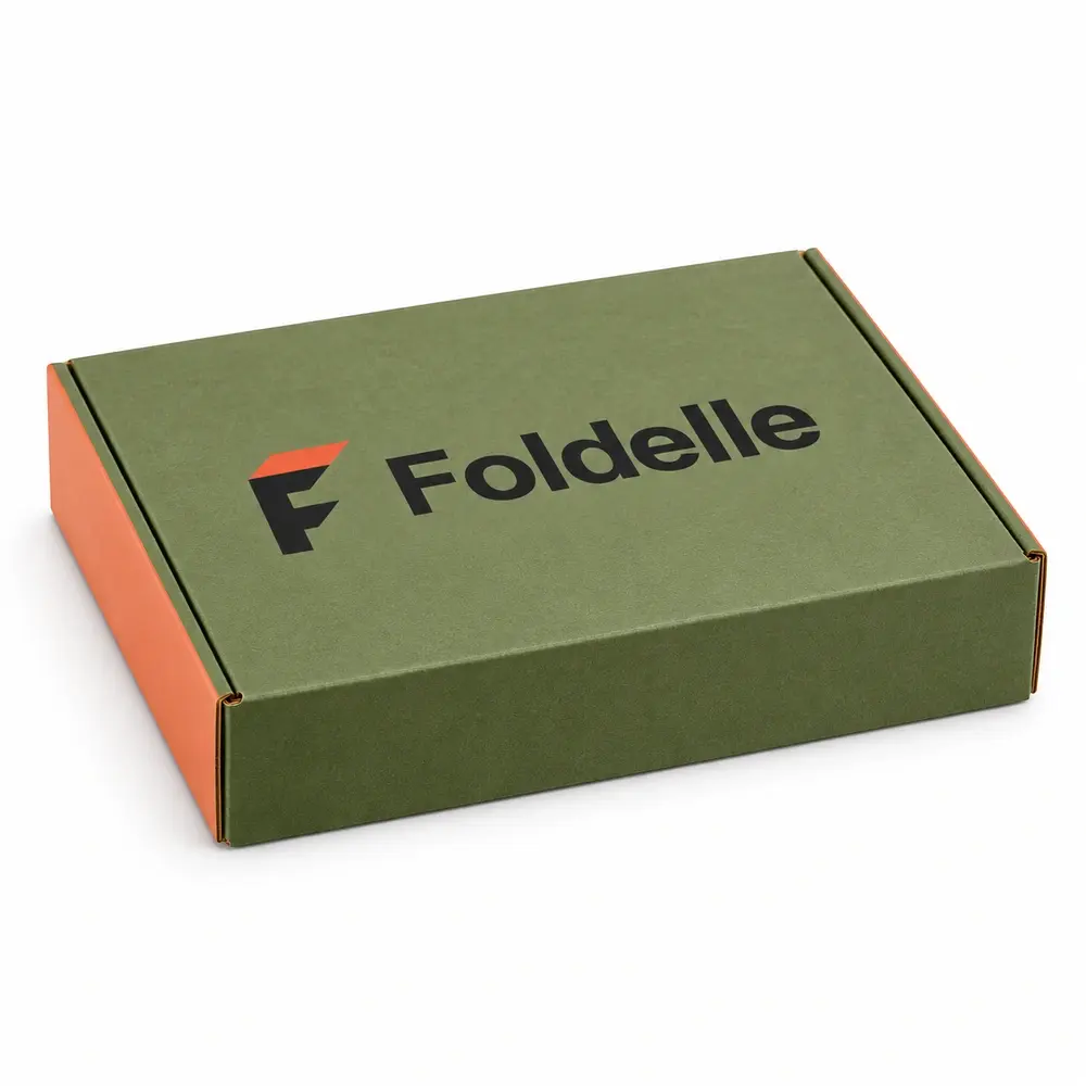 olive green with apricot accents side-loading mailers with Foldelle logo printing on a white background