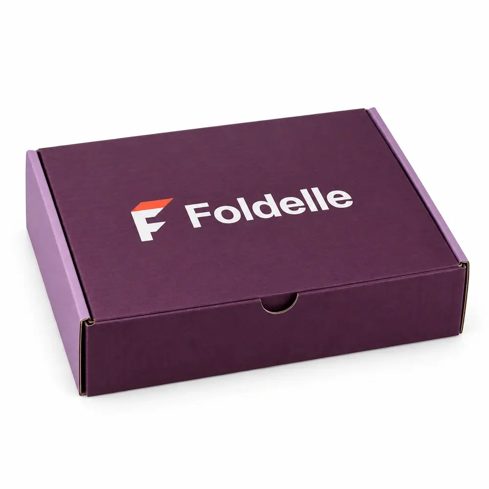 plum with lilac accents tabbed subscription mailers with Foldelle logo printing on a white background