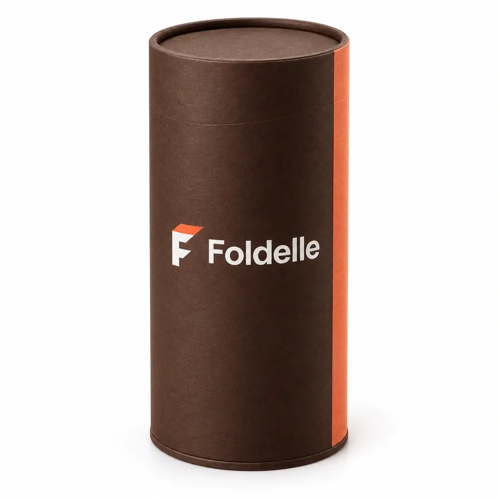 chocolate brown with apricot accents paper end-cap tubes with Foldelle logo printing on a white background
