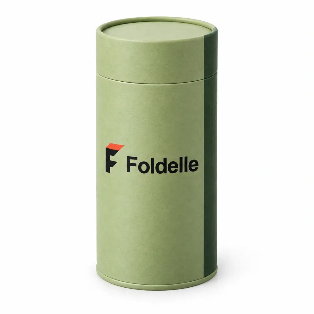 pistachio with forest green accents rolled-edge gift tubes with Foldelle logo printing on a white background