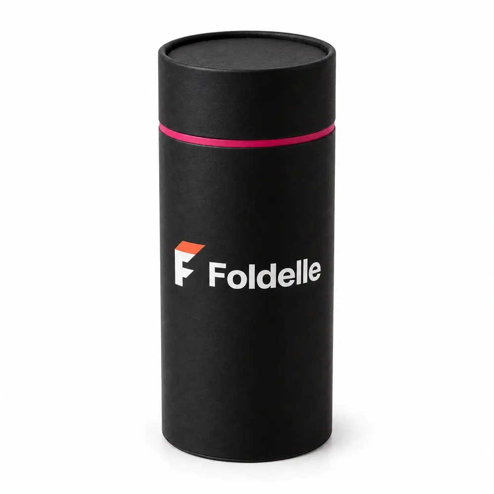black with fuchsia accents shoulder paper tubes with Foldelle logo printing on a white background