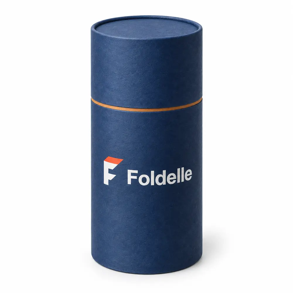 denim blue with ochre accents telescopic paper tubes with Foldelle logo printing on a white background