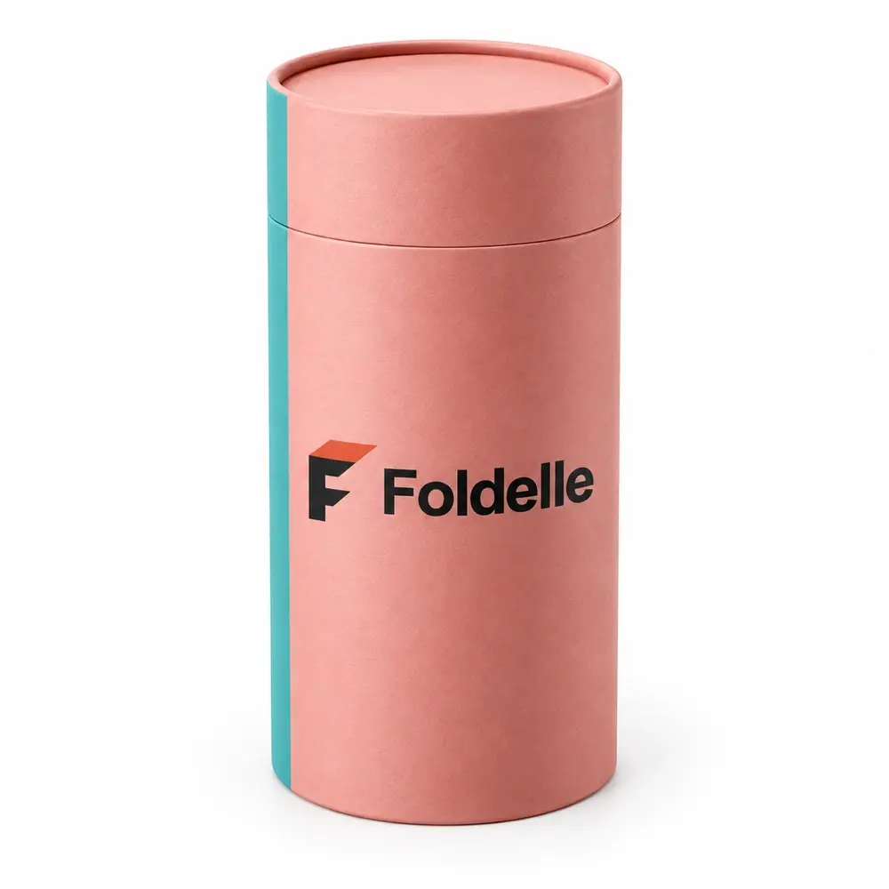 salmon pink with turquoise accents two-piece paper tubes with Foldelle logo printing on a white background