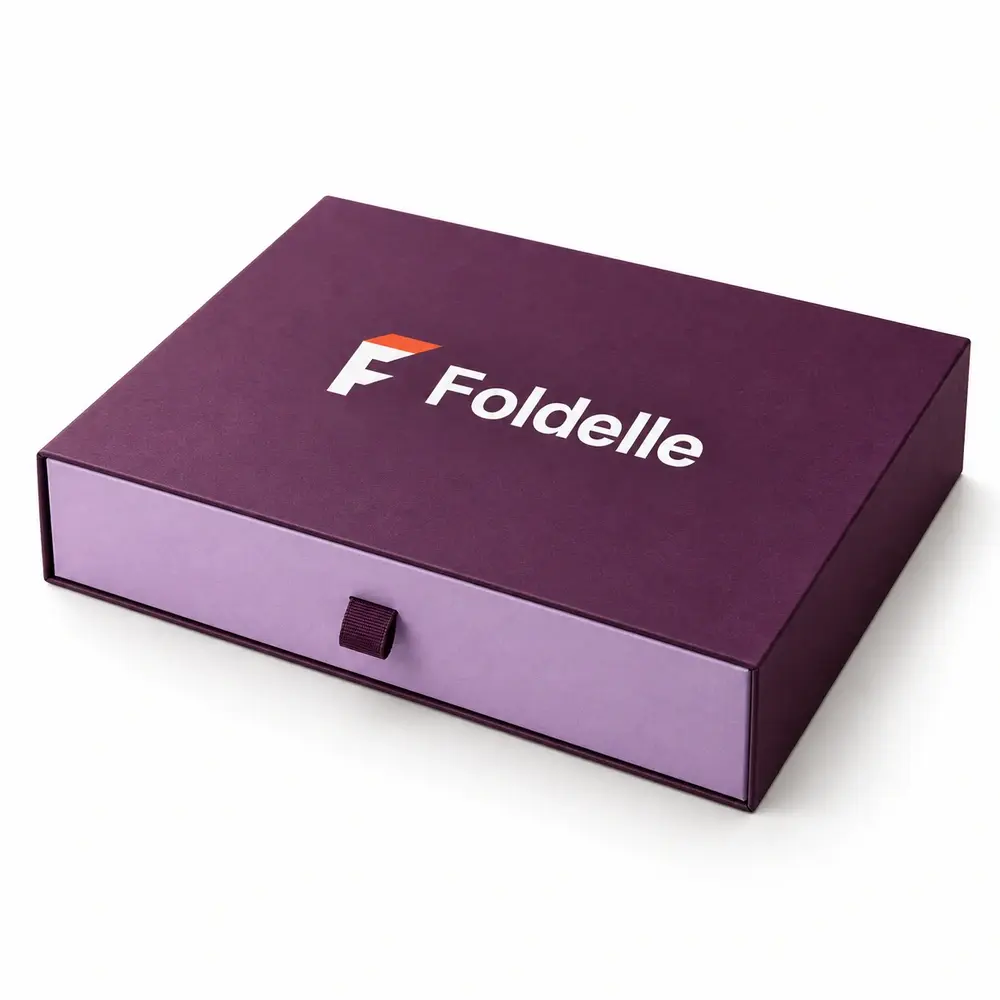 plum with lilac accents drawer presentation boxes with Foldelle logo printing on a white background