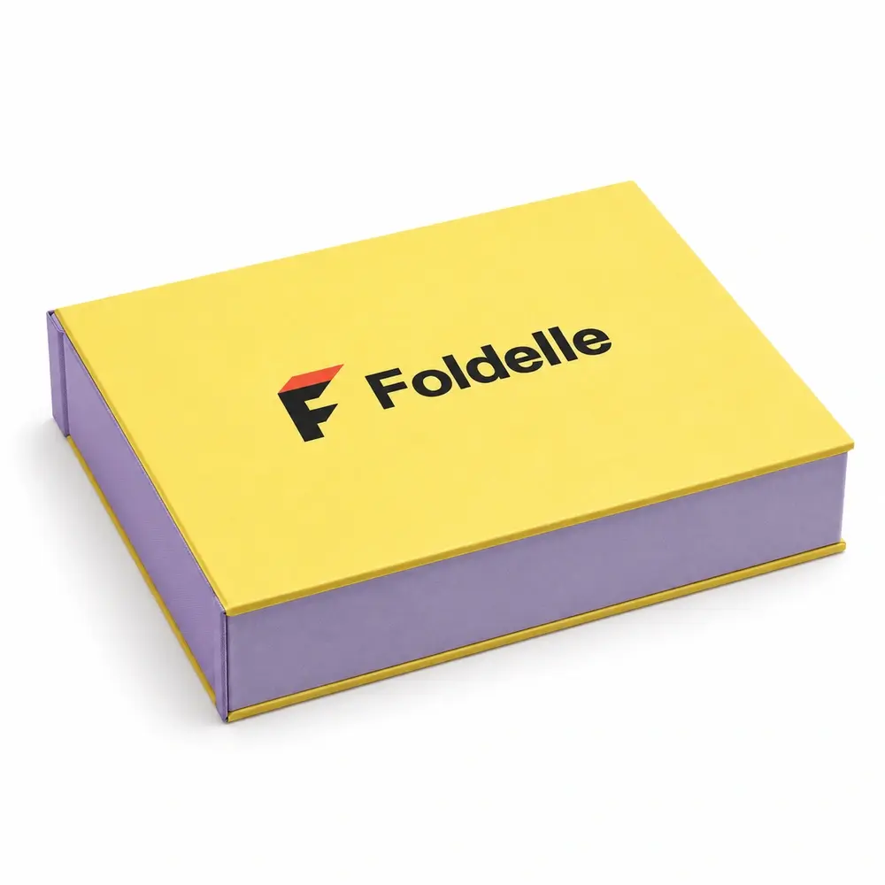lemon yellow with lilac accents hinged keepsake boxes with Foldelle logo printing on a white background