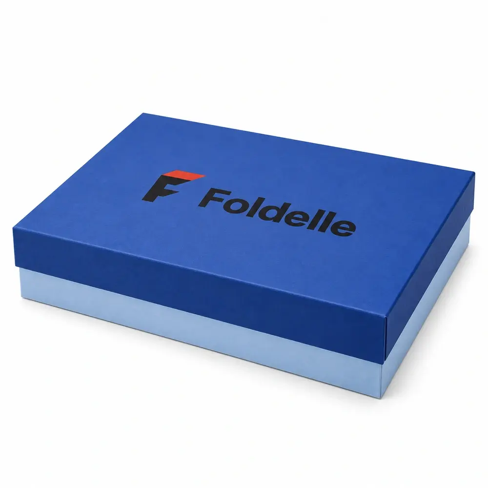 cobalt blue with ice blue accents lid & base boxes with Foldelle logo printing on a white background