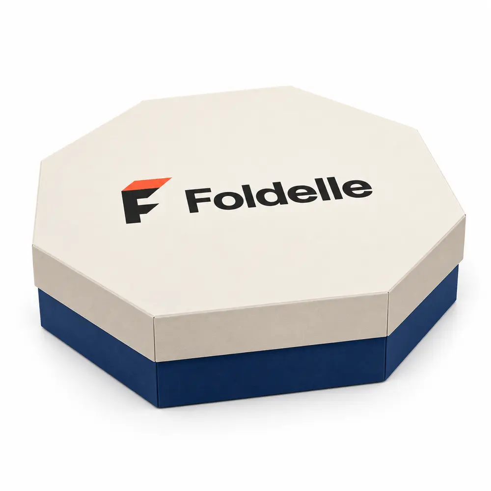 cream with royal blue accents octagonal gift boxes with Foldelle logo printing on a white background