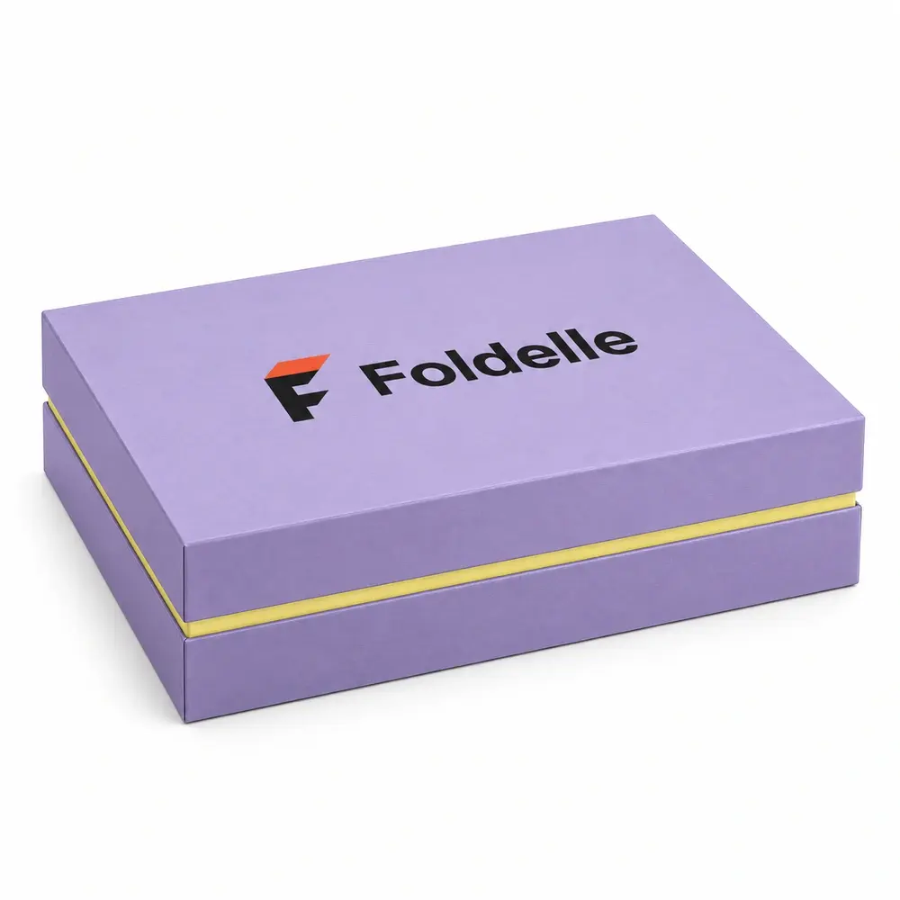 lavender with lemon yellow accents shoulder presentation boxes with Foldelle logo printing on a white background