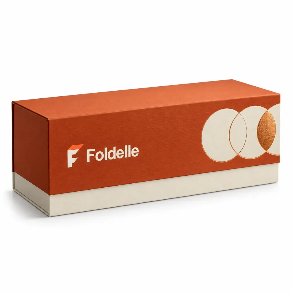 burnt orange and ivory three-compartment magnetic tea presentation box with Foldelle logo printing on a white background