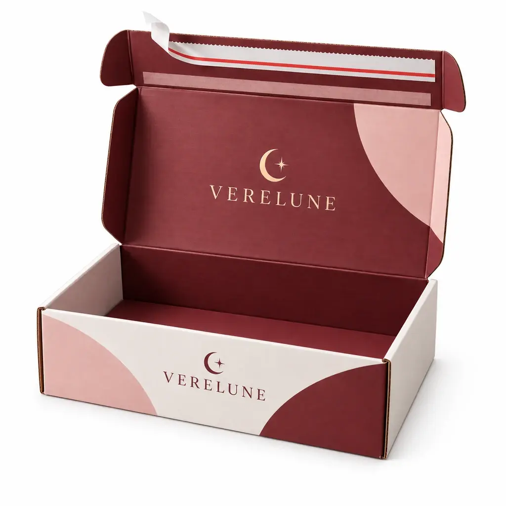 blush and burgundy rectangular mailer with tear strip and reseal flap with VERELUNE logo printing on a white background