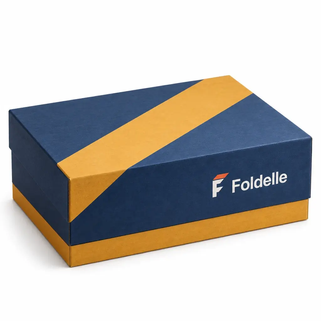denim blue and ochre full-depth telescoping rigid shoe box with Foldelle logo printing on a white background