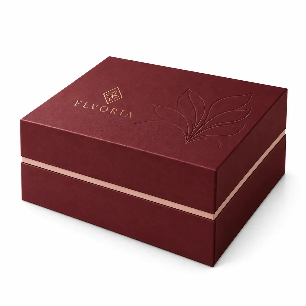 burgundy and blush stacked two-level rigid box with ELVORIA logo printing on a white background