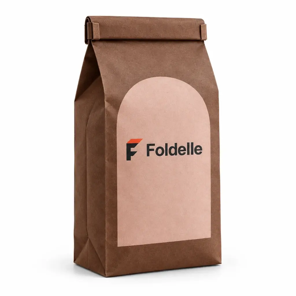 cocoa brown and blush block-bottom paper bag with tin-tie closure with Foldelle logo printing on a white background