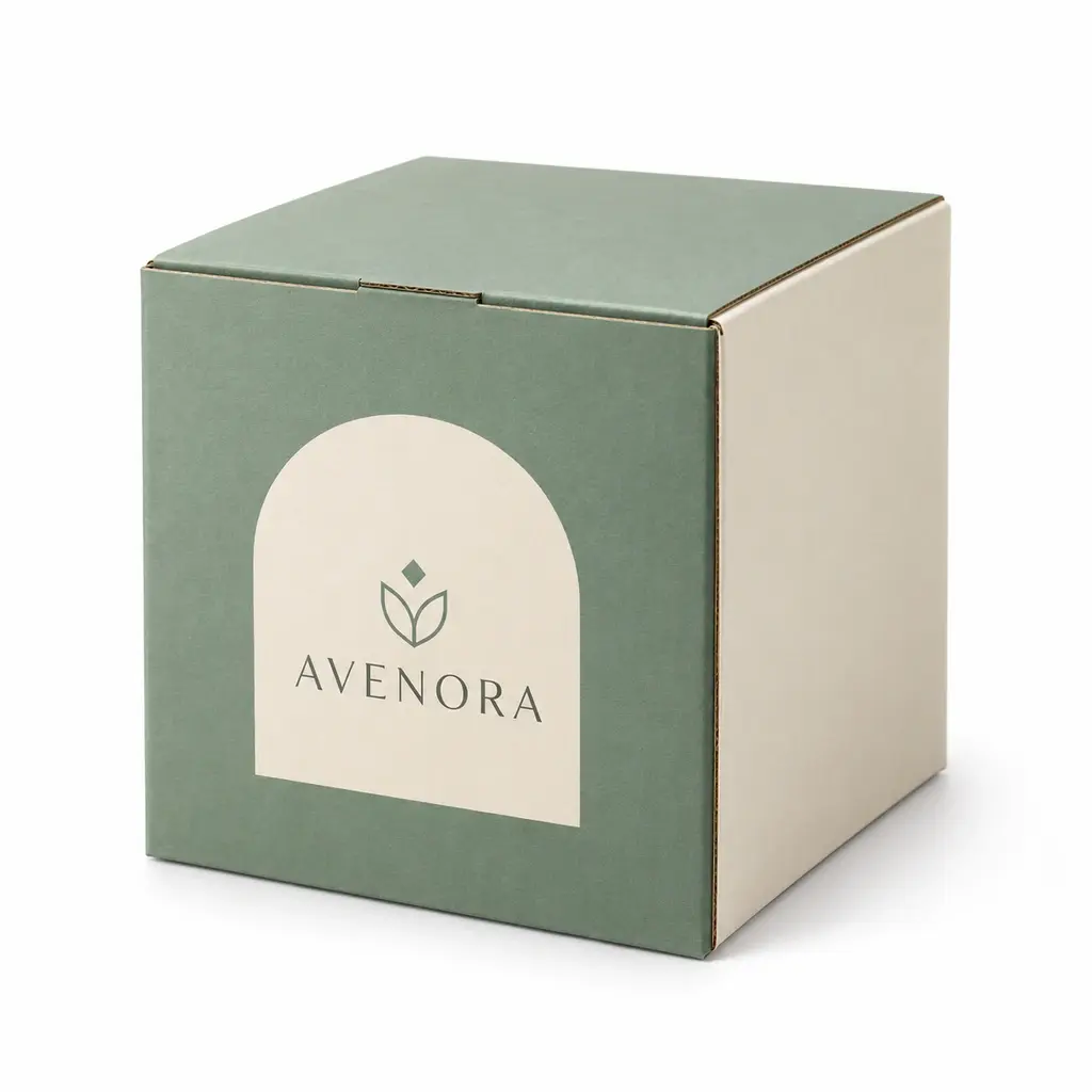 celadon and cream cube corrugated top-tuck gift mailer with AVENORA logo printing on a white background