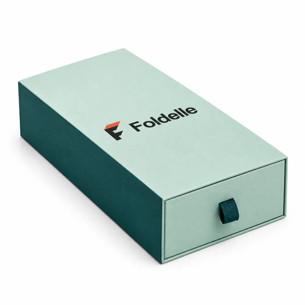 seafoam with deep teal accents drawer presentation boxes with Foldelle logo printing on a white background