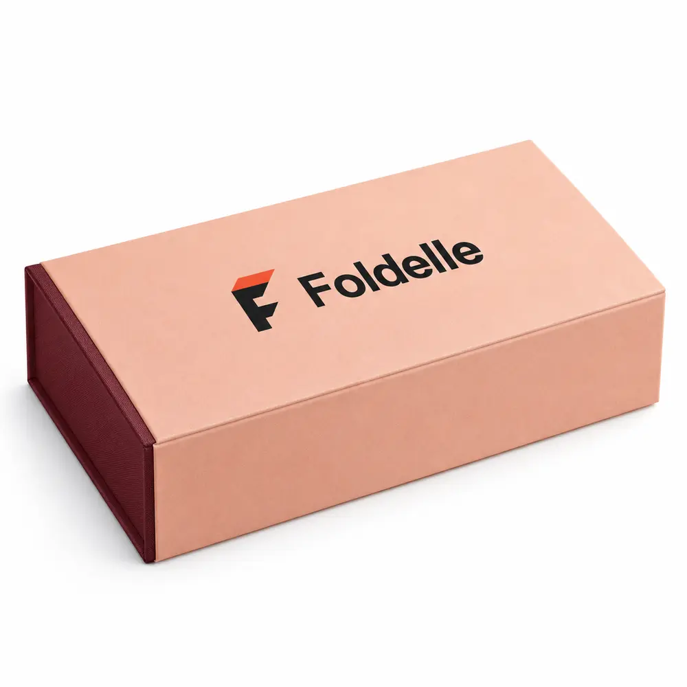 peach with burgundy accents hinged keepsake boxes with Foldelle logo printing on a white background