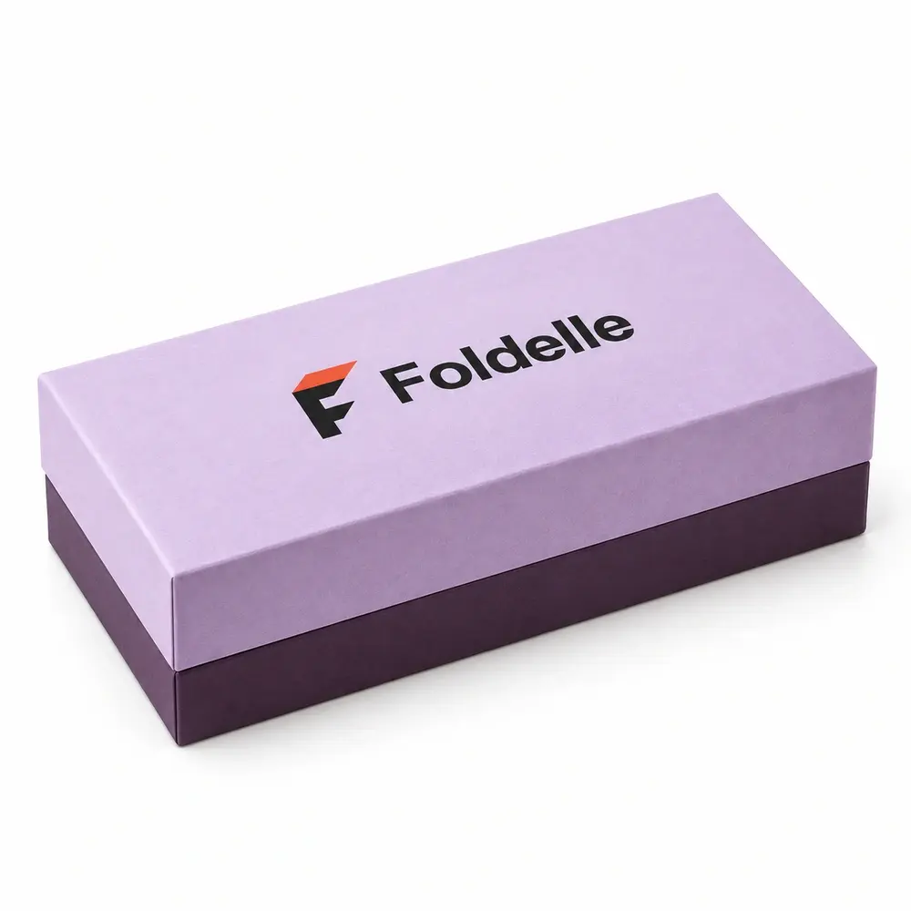powder lilac with aubergine accents lid & base boxes with Foldelle logo printing on a white background