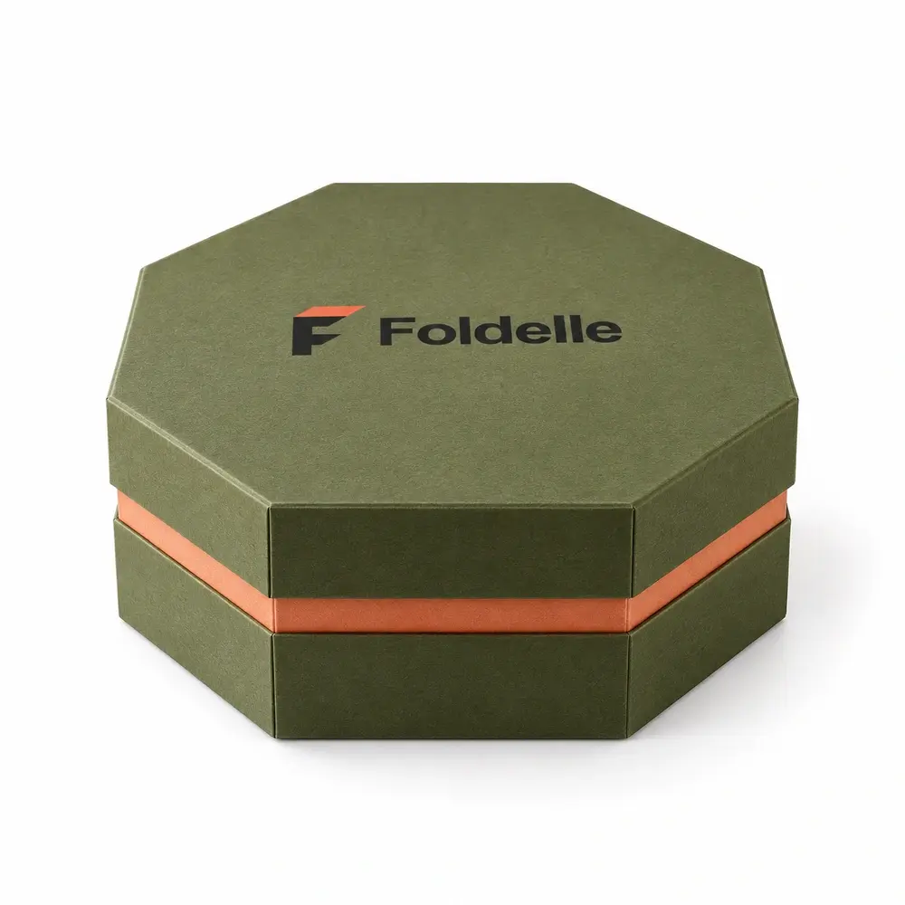 olive green with apricot accents octagonal gift boxes with Foldelle logo printing on a white background