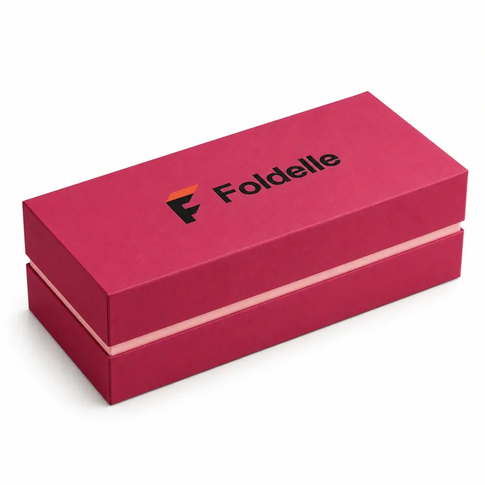raspberry with blush accents shoulder presentation boxes with Foldelle logo printing on a white background
