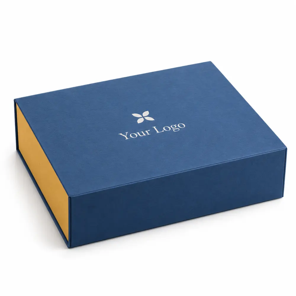denim blue with ochre accents collapsible magnetic boxes with Your Logo logo printing on a white background