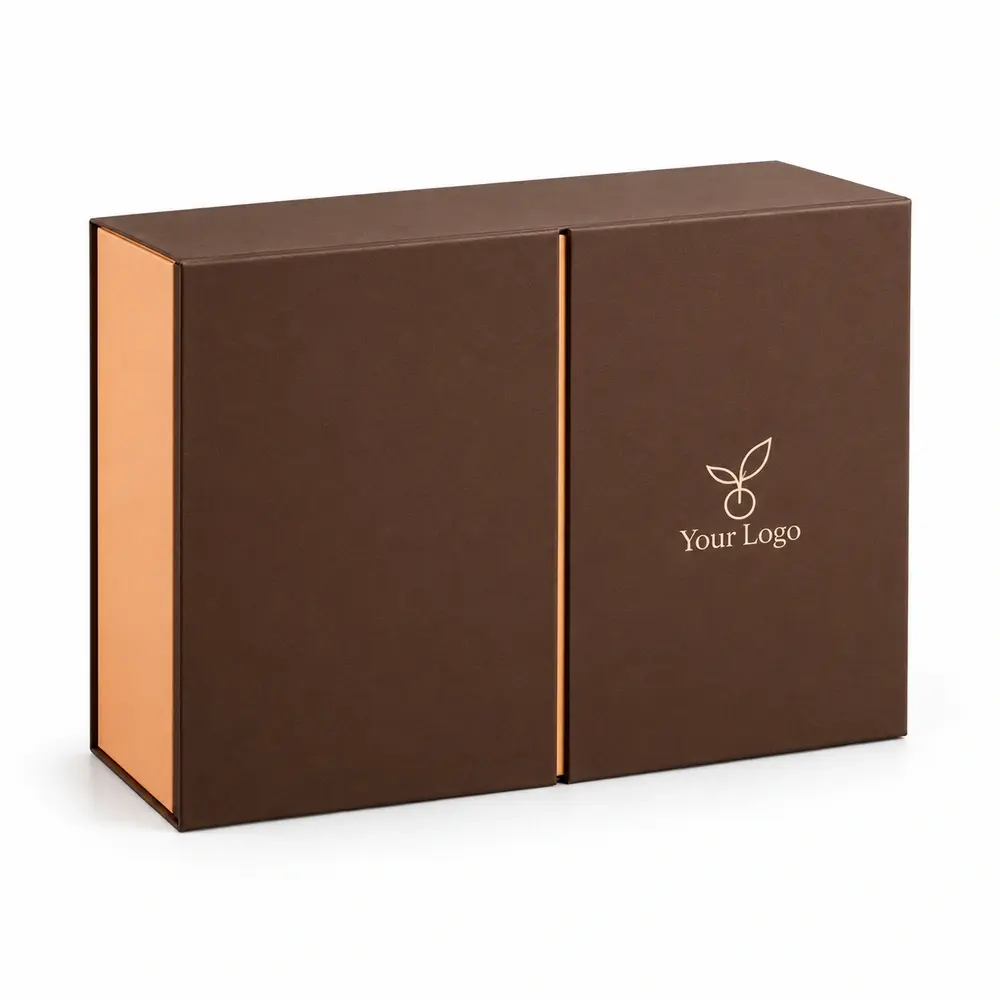 chocolate brown with apricot accents double-door gift boxes with Your Logo logo printing on a white background