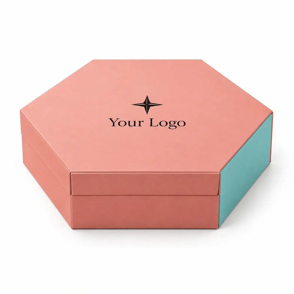 salmon pink with turquoise accents hexagonal magnetic boxes with Your Logo logo printing on a white background