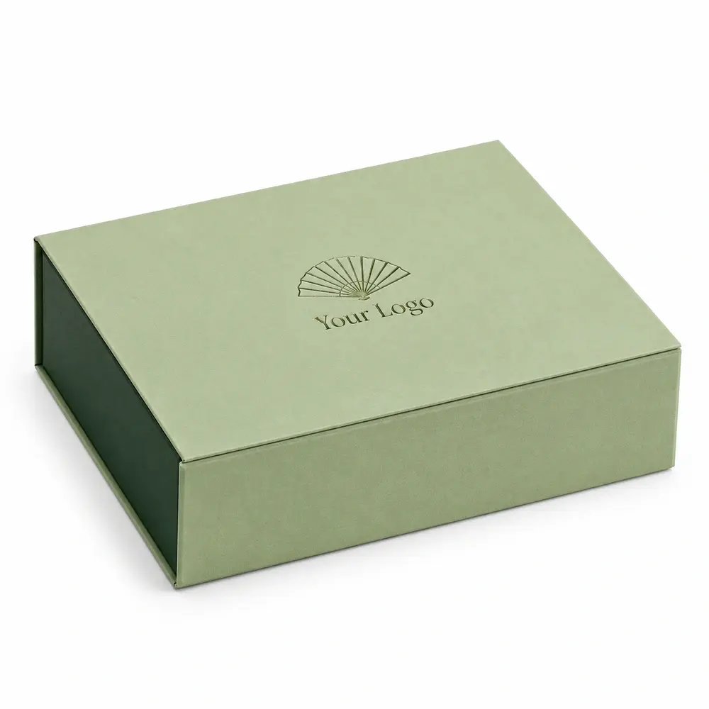pistachio with forest green accents magnetic book boxes with Your Logo logo printing on a white background