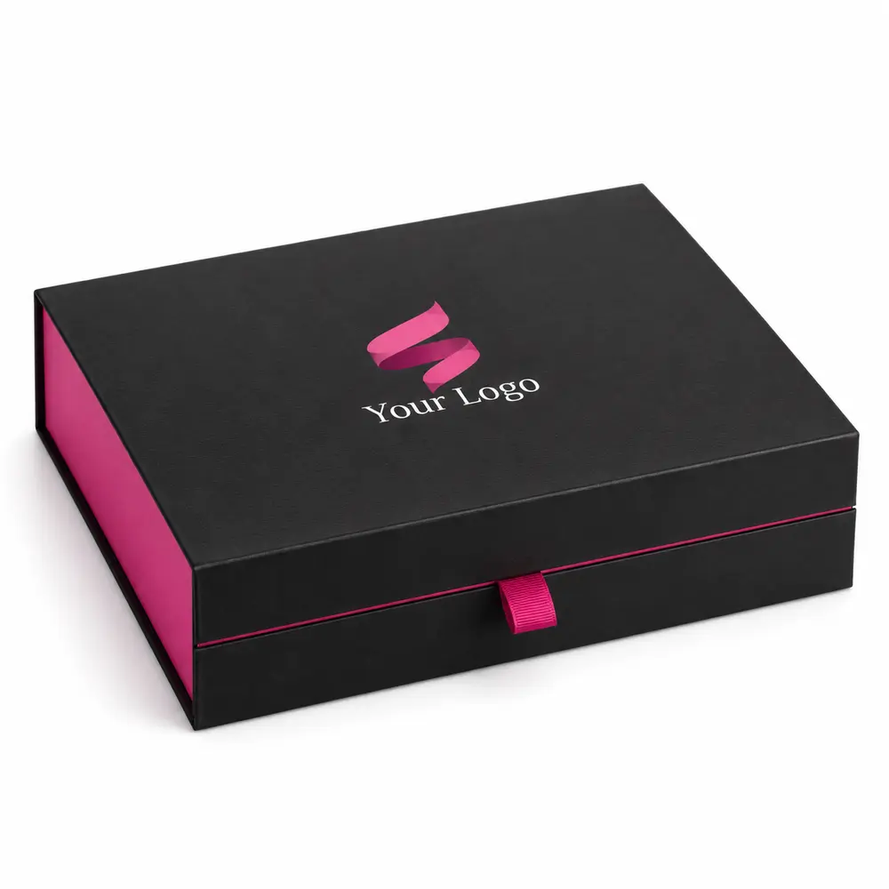 black with fuchsia accents ribbon magnetic presentation boxes with Your Logo logo printing on a white background