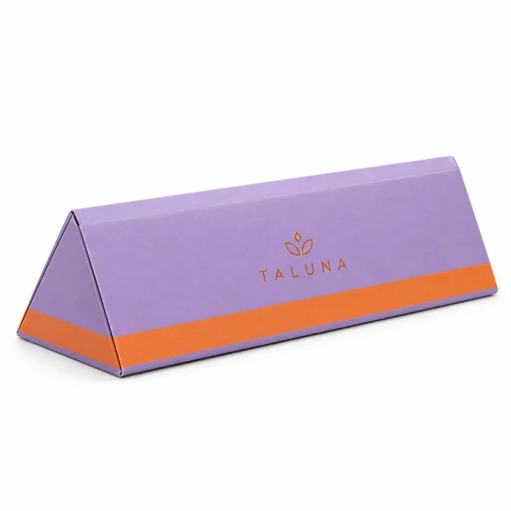 lavender and tangerine small triangular-prism folding gift carton with TALUNA logo printing on a white background