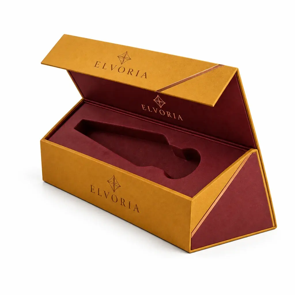 mustard and burgundy triangular prism box with magnetic hinged lid with ELVORIA logo printing on a white background
